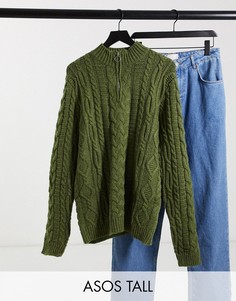 Джемпер цвета хаки плотной крупной вязки с короткой молнией ASOS DESIGN Tall-Зеленый