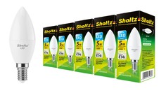 Комплект из 5 светодиодных ламп Sholtz свеча 5Вт E14 4200К C37 220-240В пластик
