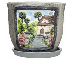 Горшок для цветов Деревенский пейзаж с поддоном керамика 15 см No Brand