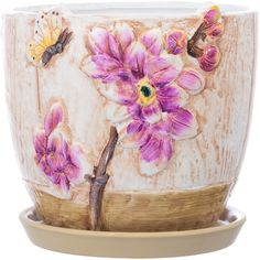 Горшок для цветов Орхидея с бабочкой керамика с поддоном 15 см No Brand