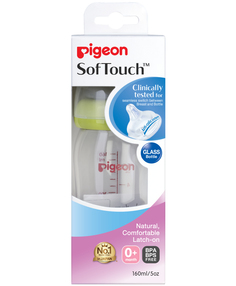 Pigeon Бутылочка для кормления SofTouch Peristaltic Plus 0+ мес., 160мл, премиальное стекло