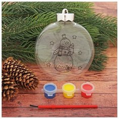 Новогоднее елочное украшение под раскраску "Шар со Снеговиком" размер шара 3*10*11 см + краски 3 цве Школа талантов