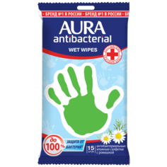 Влажные салфетки Aura антибактериальные с ромашкой, 15 шт.