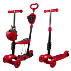 Самокат беговел трансформер красный трёхколесный светящийся Scooter 5 в 1 с сиденьем и родительской ручкой