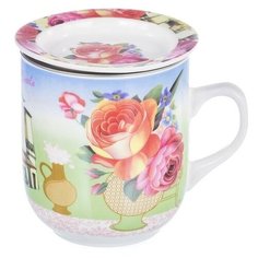 Кружка Olaff заварочная с ситом Флора «ВАЗА С ЦВЕТАМИ», 350 мл, белый/голубой/зеленый
