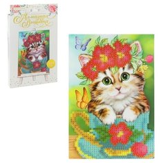 Алмазная мозаика стразами с частичным запол-м на подставке "Котик" + холст 13*19 см, емкость Школа талантов