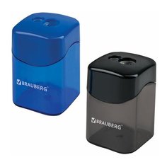 Точилка BRAUBERG "Win", 2 отверстия для чернографитных карандашей (в том числе утолщенных), с большим контейнером, с крышкой, ассорти,222495