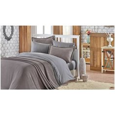 Постельное белье 1.5-спальное Hobby Home Collection Natural с покрывалом, поплин, 2 наволочки 50 х 70 см, коричневый/серый
