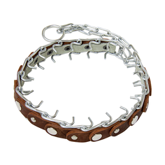 Строгий ошейник Зооник проволочный, сварная цепь 3 мм с кожей, обхват шеи 44-60 см коричневый/серебристый