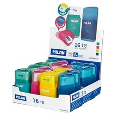 Точилка пластиковая с ластиком Milan "Tri", 1 отверстие, контейнер, ассорти