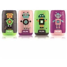 Точилка ручная пластиковая с ластиком Milan Compact Happy Bots (1 отверстие, с контейнером, разные виды) (4722116)