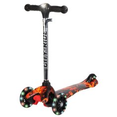 Самокат детский трехколесный ТМ CITY-RIDE, колеса PU 110/76, руль с фонариком телескопический, алюминиевый, резиновые рукоятки, цвет черный с огненной гидрографикой. Размеры: 55 х 21,5 х 66 см