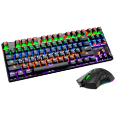 Игровой набор с LED-подсветкой механическая клавиатура (87 клавиш, JIXIAN Red Switches, колпачки двойное литьё, LED подсветка 22 базовых режима + 5 пользовательских ) + программируемая мышь (INSTANT 725 + MCU, 400-7200DPI, 60 IPS/60G, 75гр., LED 10 ре Jet.A