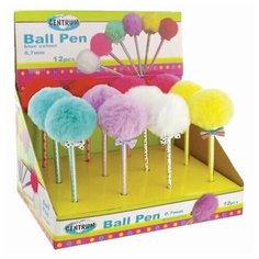 Ручка с помпоном шариковая CENTRUM, синяя, корпус ассорти, узел 0,7 мм, дисплей, 86923, 12 шт.