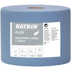 Katrin Plus L2 Blue 447226, промышленные полотенца , синие, 2-слойные, целлюлоза, 1 рулон-350метров/930листов, высота рулона-26,5см; 2 рулона в упаковке.