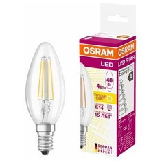 Лампа светодиодная филаментная LED STAR CLASSIC B 40 4W/827 4Вт свеча 2700К тепл. бел. E14 470лм 220-240В прозр. стекл. OSRAM 4058075068353 (упаковка 10 шт) Ledvance