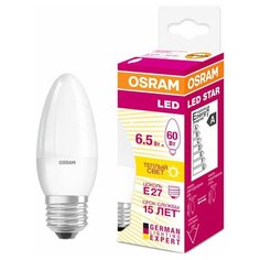 Лампа светодиодная LED STAR CLASSIC B 60 6.5W/830 6.5Вт свеча 3000К тепл. бел. E27 550лм 220-240В матов. пласт. OSRAM 4058075134232 (упаковка 10 шт) Ledvance