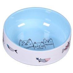 Миска 12,5см 380мл JOY "Коты с рыбками" керамическая голубая для кошек J.O.Y.