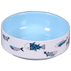 Миска 12,5см 380мл JOY "Рыбки" керамическая голубая для кошек J.O.Y.