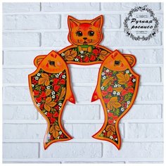 Набор досок разделочных «Котик с рыбкой», вешалка 38×20 см, доски 2 шт 35×15 см, хохлома 4196549 Сима ленд