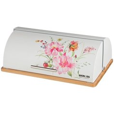 Хлебница Agness 938-042 деревянная с крышкой из нержавеющей стали 38*27*14см, "Букет"