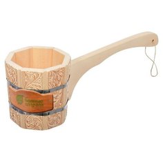 Ковш черпак 15 л бондарный с длинной ручкой с орнаментом Цветы Банные штучки5 (33426)