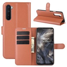 Чехол портмоне подставка для OnePlus Nord с магнитной защелкой и отделениями для карт коричневый 100gadgets