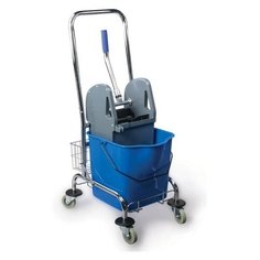 Тележка уборочная BRABIX, 1 съемное ведро 25 л, механический отжим, корзина, металлический каркас, синяя, 601498