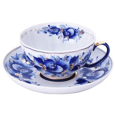 Чашка с блюдцем чайная. Гжельская мануфактура. Белый лебедь. Роза. (С золотом). 275 мл.