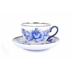 Чашка с блюдцем чайная . Гжельская Мануфактура. Форма Гранатовый. Рисунок Цветы Золото. 275 мл.