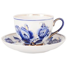 Чашка с блюдцем чайная. Гжельская мануфактура. Форма Гранатовый. Рисунок Тюльпаны Золото. 275 мл.