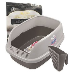 Туалет Catidea 51х38х25 см высокий борт, с совком, коричневый + Наполнитель комкующийся, растительный Super Cat Litter, Activated Carbon 7 л