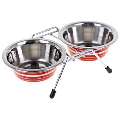 Миска двойная на подставке Пижон цветная, с полосой, 2*240 мл