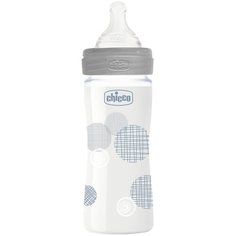 Chicco Бутылочка из стекла с соской из силикона Well-Being GL, 240 мл new, с рождения, серый