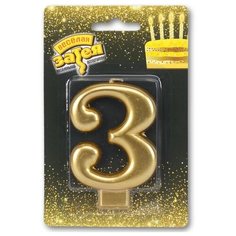 Свеча -цифра "3" Золотая 8см/V Веселая Затея