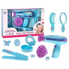 Набор парикмахера Girls Club "Модница", 10 предметов, фен с насадками, дует воздухом и светится, щипцы со светом, в коробке (IT106427)