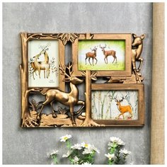 Фоторамка пластик на 3 фото 10х15 см "Лесной олень" тёмное золото 28х36,5х3 см 4785334 Сима ленд