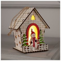 Подвеска световая "Снеговик у домика", 12 см, LR44 (в компл), 1 LED, Т/белый 5231807 Luazon Lighting