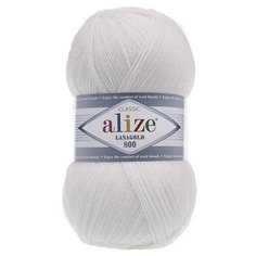 Пряжа Alize Lanagold 800 55 белый (Ланаголд 800) 49% шерсть, 51% акрил 100г 800м 5шт