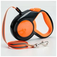 Пижон Рулетка 5 м, до 25 кг, со светоотражающими элементами на корпусе и поводке, резиновая ручка, оранжевая