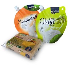Набор Средство для мытья посуды QUALITA MANDARINELLO и OLIVA & LIME дой-пак, 450млх2 + Губки QUALITA FIBRA NATURALE Eco life, 2шт
