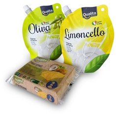 Набор QUALITA Средство для мытья посуды LIMONCHELLO и OLIVA & LIME дой-пак 450млх2 + QUALITA Губки FIBRA NATURALE Eco life 2шт