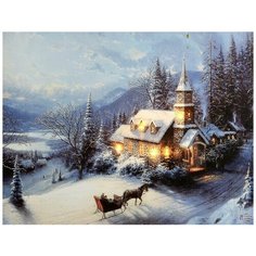 Светящееся настенное панно зимние сумерки - церковь, сани (большое) с LED огнями, 40х60 см, Kaemingk
