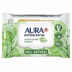 Салфетки влажные антибактериальные 60 шт., AURA Antibacterial "ECO Protect", клапан крышка, 10509
