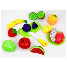 Детский игровой набор фрукты на липучке, набор игрушечных продуктов для нарезки 612A, 13 предметов: банан, виноград, киви, апельсин, клубника, яблоко, лимон, гуава, арбуз, питайя, доска, нож, тарелка, 29х20х9 см Play Smart