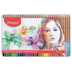 Карандаши акварельные Maped 36цв.+кисть, заточен., метал. пенал, 281804