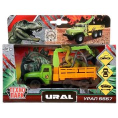 Машина Технопарк металл, УРАЛ 5557 Бортовой, 12 см, двери, инерция, динозавр 9 см (SB-20-01+DINO(WB))