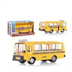 Детская инерционная машинка Serinity Toys с открывающимися дверями, модель Автобус ПАЗ Такси (со звуковыми и световыми эффектами), желтый