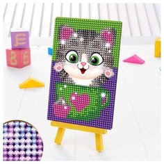 3572058 Алмазная мозаика для детей Котик+ емкость, стержень с клеевой подушечкой Арт Узор