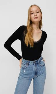 Stradivarius Бесшовное Боди С Отделкой Кружевом Черный M